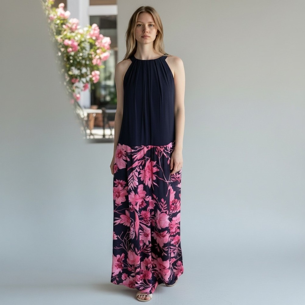 SLNY (S.L. Fashions New York) Halter Neck Mixed-Media Floral Maxi Dress Sz 12